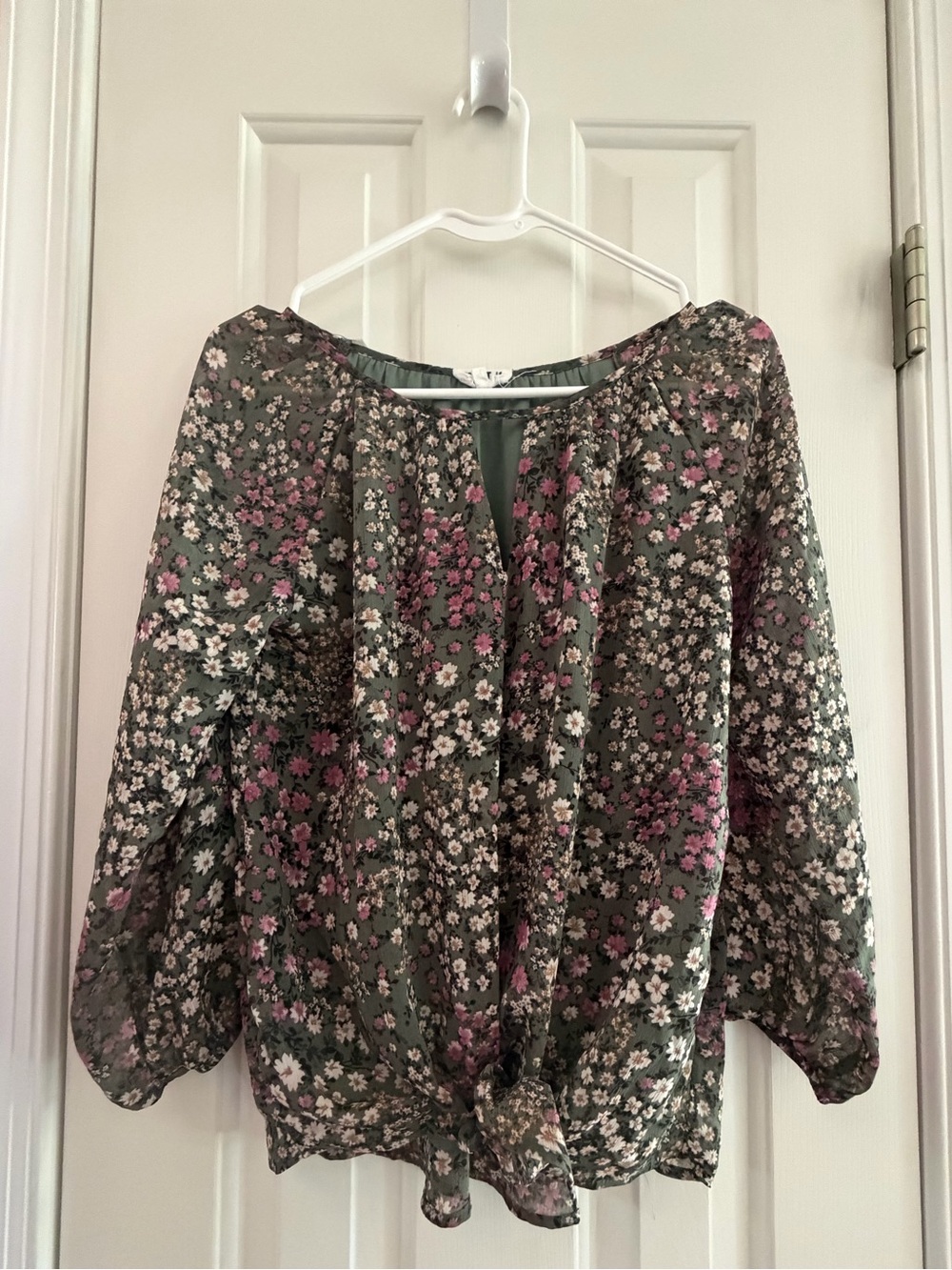 Floral Tie-Hem Peasant Blouse - Olive with Pink & White Floral